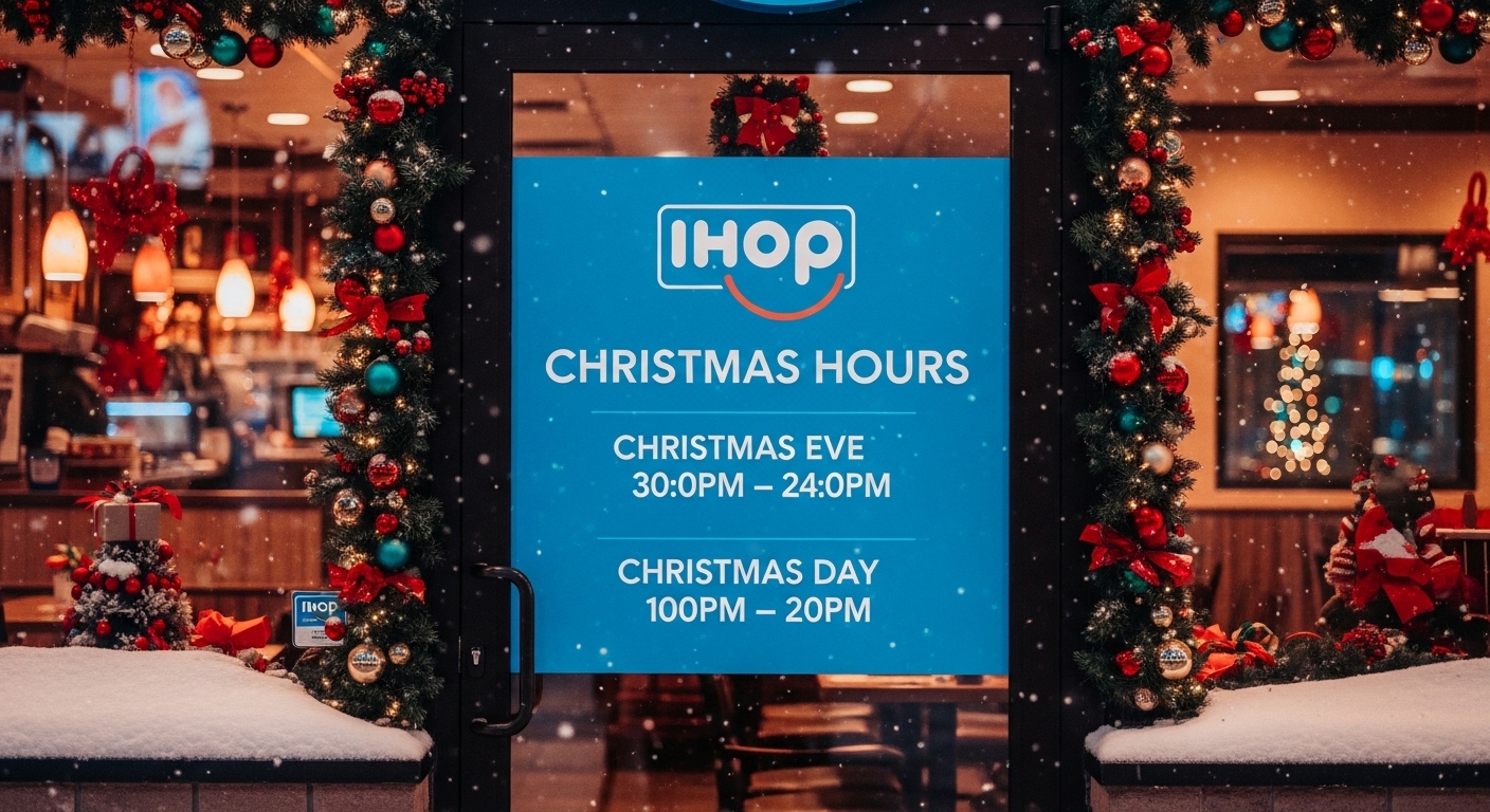 IHOP front door decorated for Christmas with posted holiday hours board