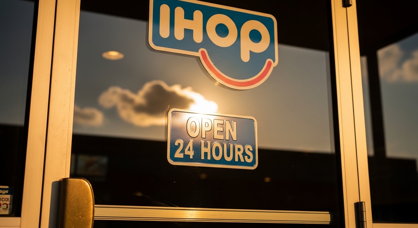 IHOP restaurant exterior with illuminated open 24 hours sign